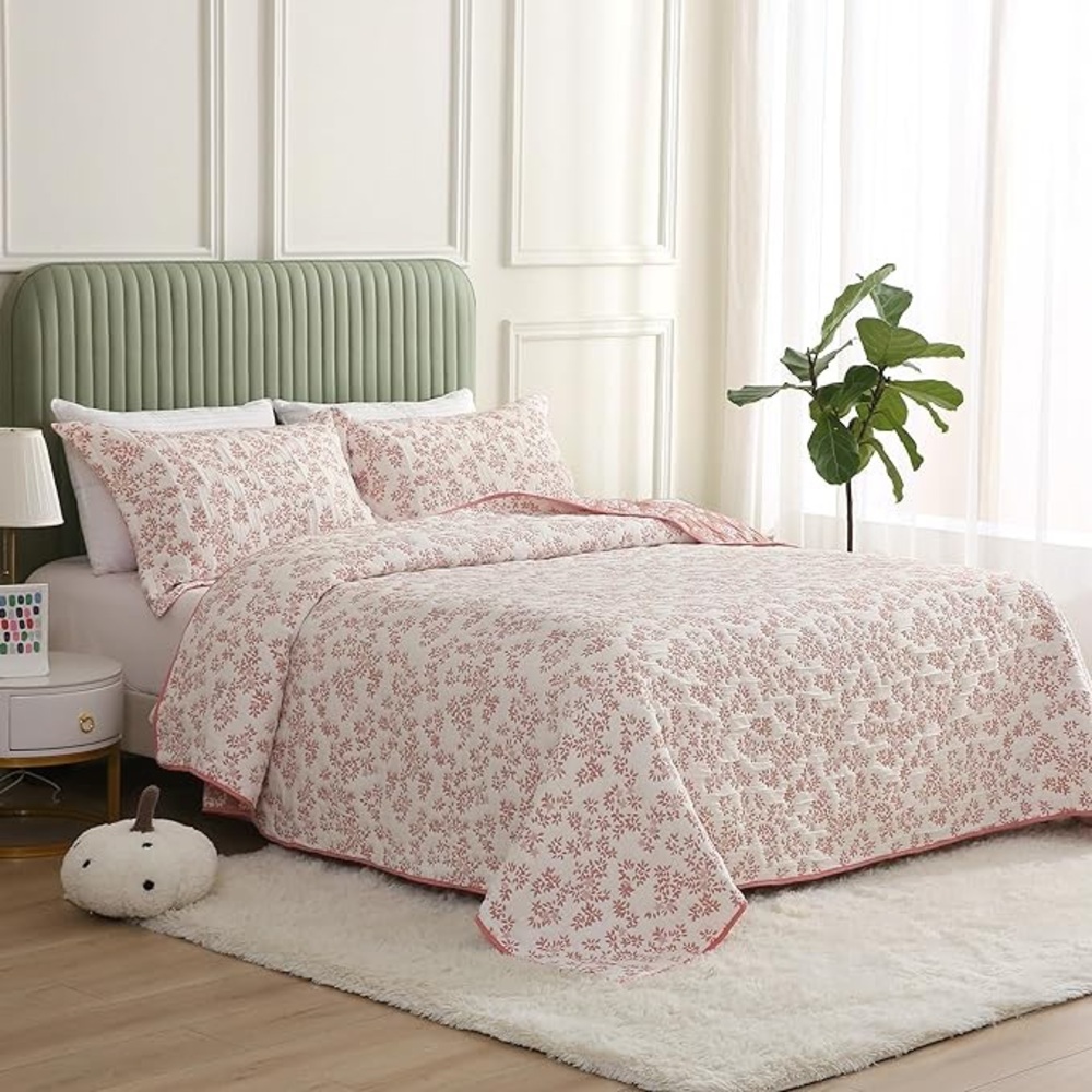 Pink Floral Twin Size Jacquard Embroidered Coverlet Bedspread and Sham Set